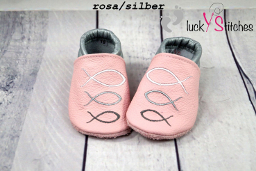 Lederpuschen Taufe, Fische , rosa, Größe 17